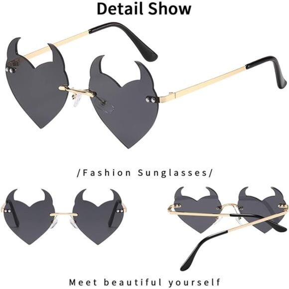 Goth Horns Heart Sunglasses for Women - Rimless 90s Punk Trendy - Picture 4 of 7